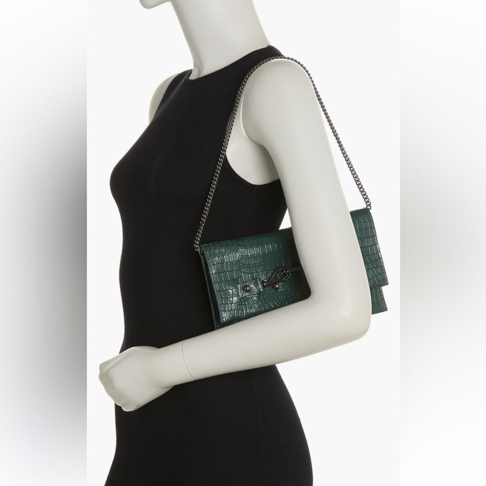 REBECCA MINKOFF LOU CROC EMBOSSED CLUTCH BOTTLE GREEN W GUNMETAL HARDWARE NWT - Picture 12 of 12